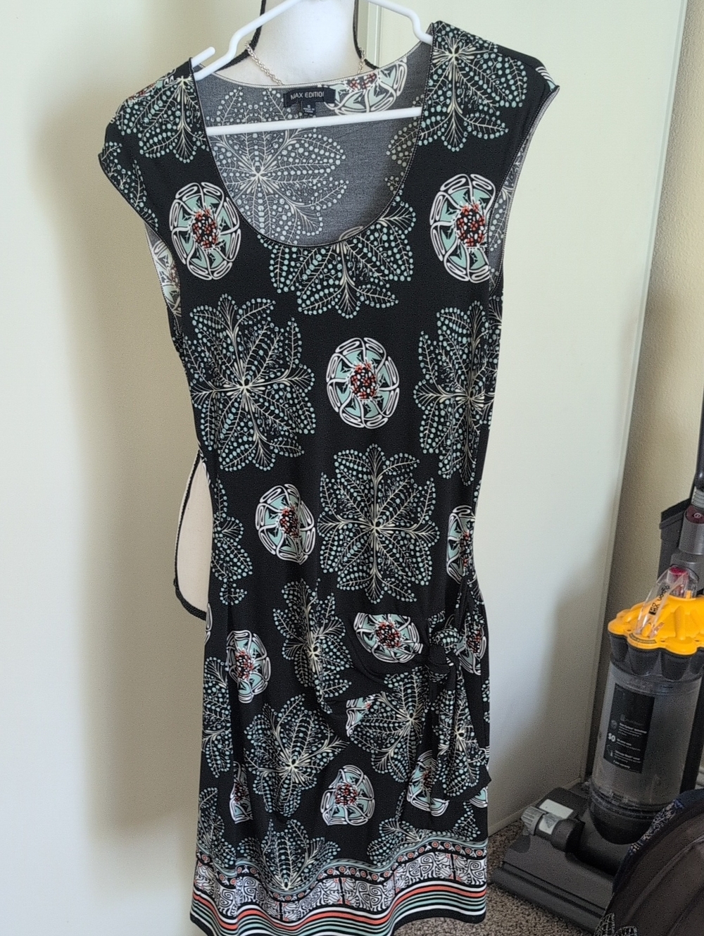Max Edition Black Floral Medallion Cap-Sleeve Dress with Mint Accents